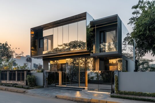 Contemporary home elevation with a reflective mirror facade and concealed windows, overcast morning.