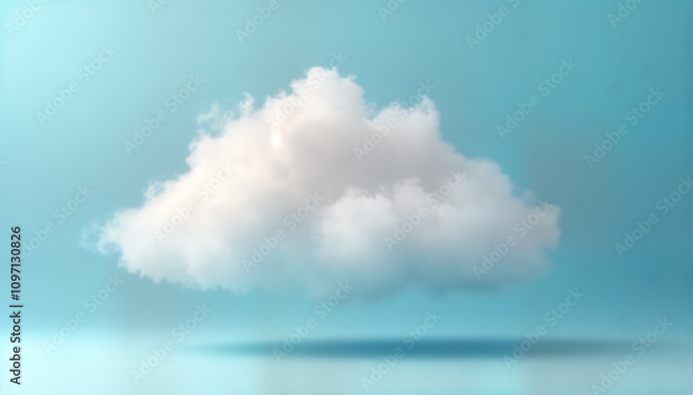 Poster single fluffy white cumulus cloud floats on light blue background. 3d cloud illustration has soft sh