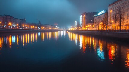 Fototapeta premium Evening cityscape with colorful lights reflecting in calm river water. Night urban landscape with illuminated buildings and promenade. Moody blue atmosphere. City waterfront panorama with copy space
