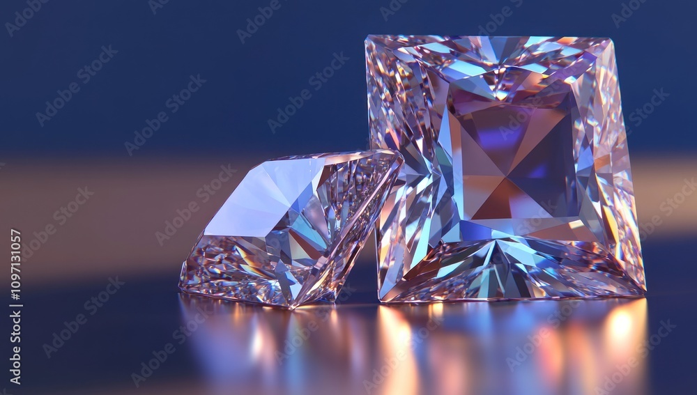 Poster two sparkling gemstones reflecting light in a serene setting.