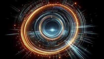 Futuristic rings of glowing neon light spinning in dark, infinite void