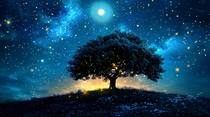 Fototapeta premium Enchanting tree illuminated on a hill at night, surrounded by stars and a moonlit sky, creating a surreal and captivating sight that evokes awe and serenity