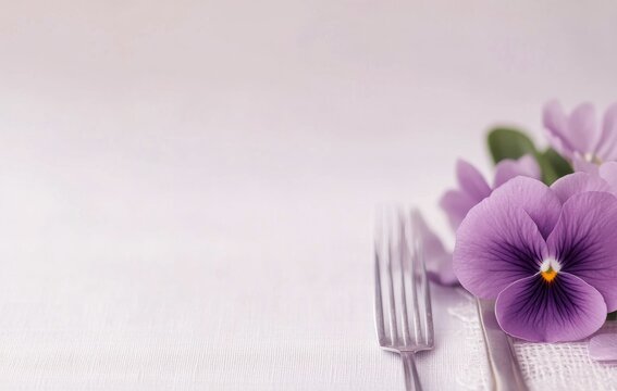 Elegant table setting with purple flowers and silver utensils creating a serene dining atmosphere