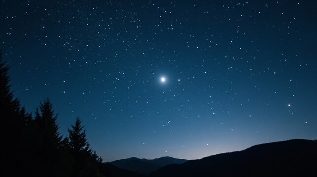 Starry night sky over mountain silhouettes and pine forest. Dark blue night landscape with bright star and constellations. Nature scenery for astronomy, meditation and outdoor concepts