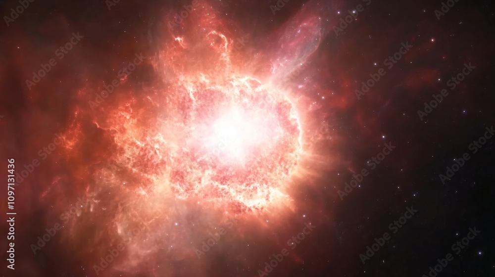 Poster massive stellar explosion in deep space with bright pink and red nebula clouds. spectacular cosmic b