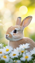 Obraz premium Cute bunny enjoying flowers in a garden at springtime