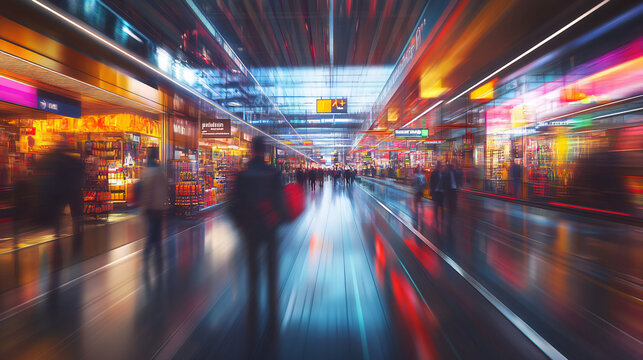 Busy travelers walking in schiphol airport terminal with vibrant shops and signage, evoking a feeling of motion and vitality