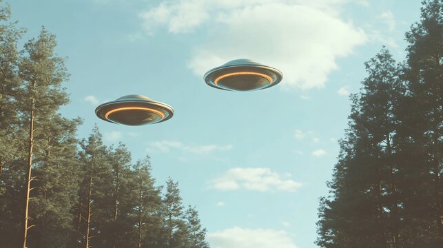 Two metallic flying saucers hovering over pine forest in blue summer sky. Classic retro UFO sighting scene. Mysterious alien spacecraft. Supernatural phenomenon concept for poster with copy space