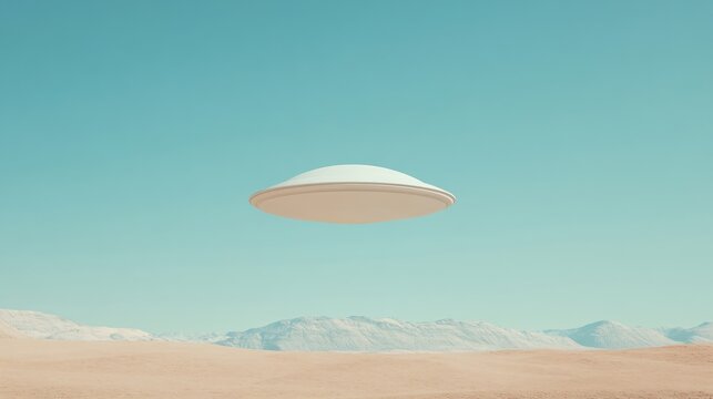Flying saucer hovering over desert landscape with mountains. Retro style ufo in turquoise sky. Sci-fi scene with alien spacecraft. Mysterious extraterrestrial concept for poster with copy space