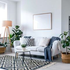 Minimalist modern living room with white sofa black and white patterned rug wooden floor lamp potted plants and a blank picture frame on a white wall.
