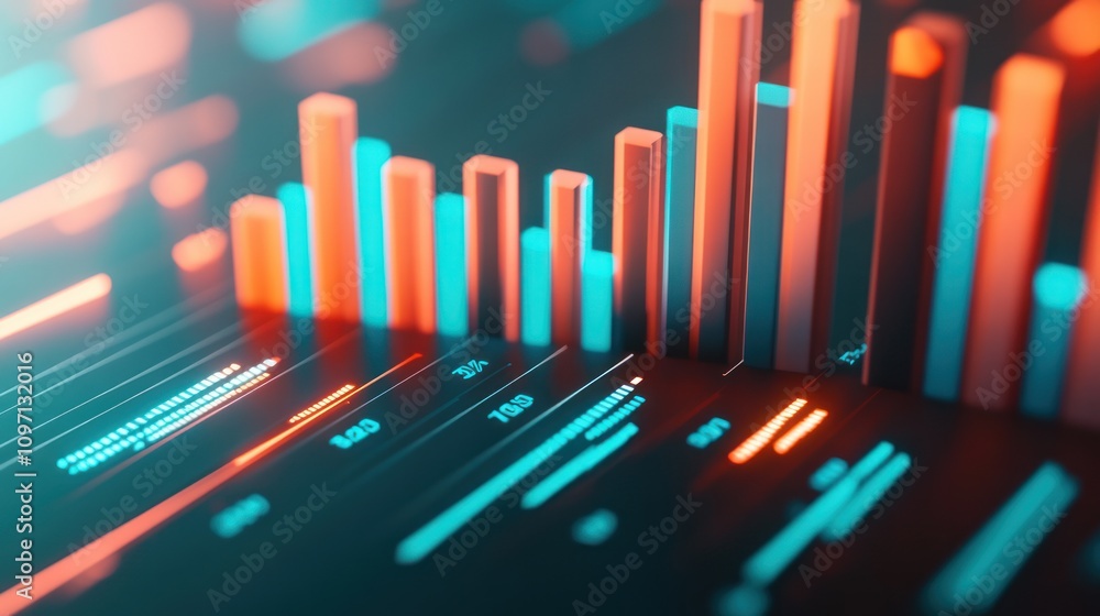 Aufkleber Abstract data visualization with glowing bars and lines representing statistical information.