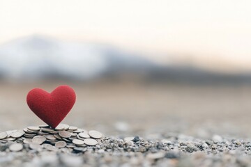 Fototapeta premium Heart shape on a pile of coins symbolizes love and wealth in a serene outdoor setting