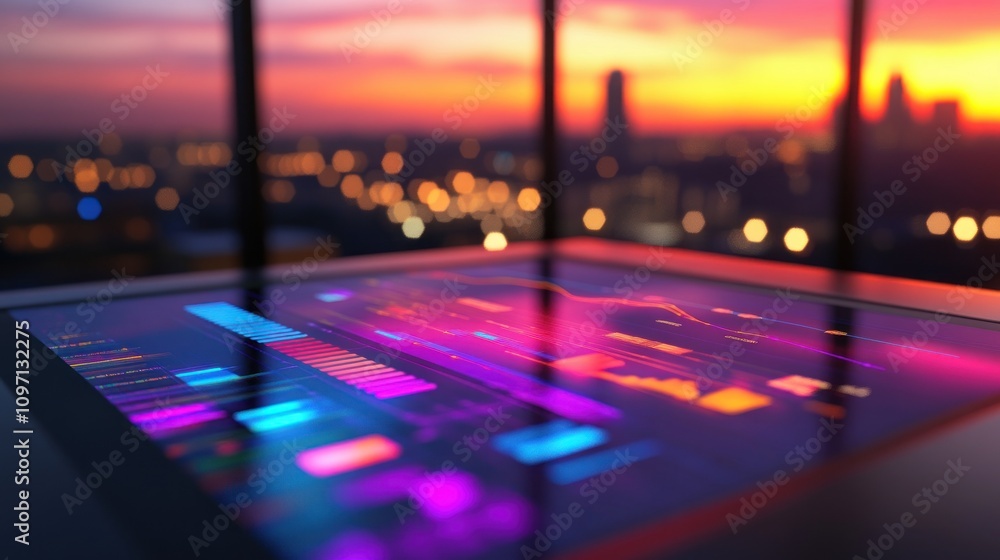 Aufkleber a futuristic interface displaying data analytics against a sunset city skyline.