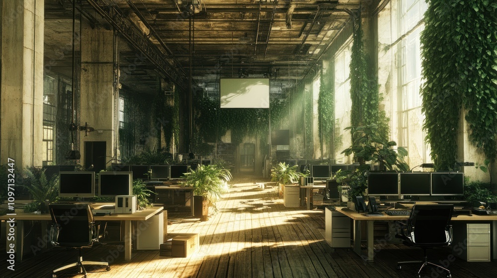 Aufkleber a sunlit office space filled with greenery, creating a serene work environment.