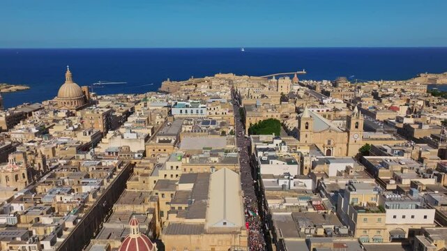Drone aerial view of Valletta city - capital of Malta island. Summer, sea