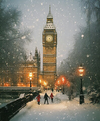 Christmas card vintage style, London at Christmas time, Big Ben and Westminster bridge in snow