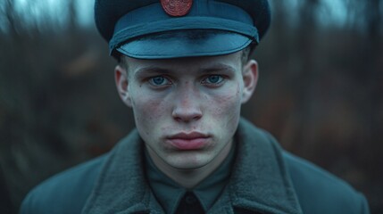 Young military personnel in dark green uniform and cap against moody twilight background. Serious determined expression. Dramatic portrait for armed forces recruitment or historical narrative