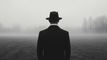 Man in black hat and suit looking at foggy field. Mysterious silhouette on misty morning. Dark figure in nature. Noir style black and white photograph with moody atmosphere © Alexey