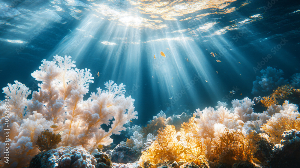 Poster gorgeous underwater view with sunlight streaming through the surface to light up a vibrant coral ree