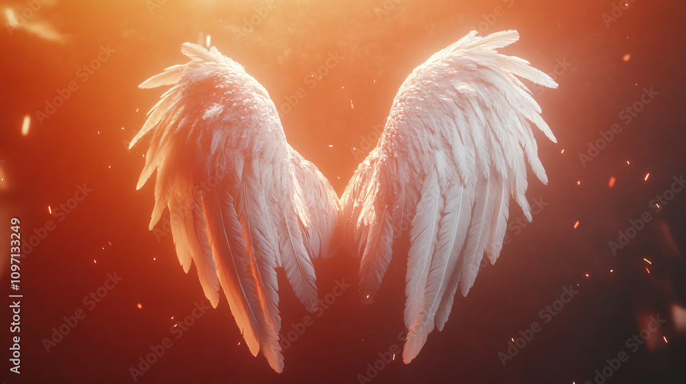 Poster majestic white feathered wings rise from a backdrop of golden light and floating embers, creating a 