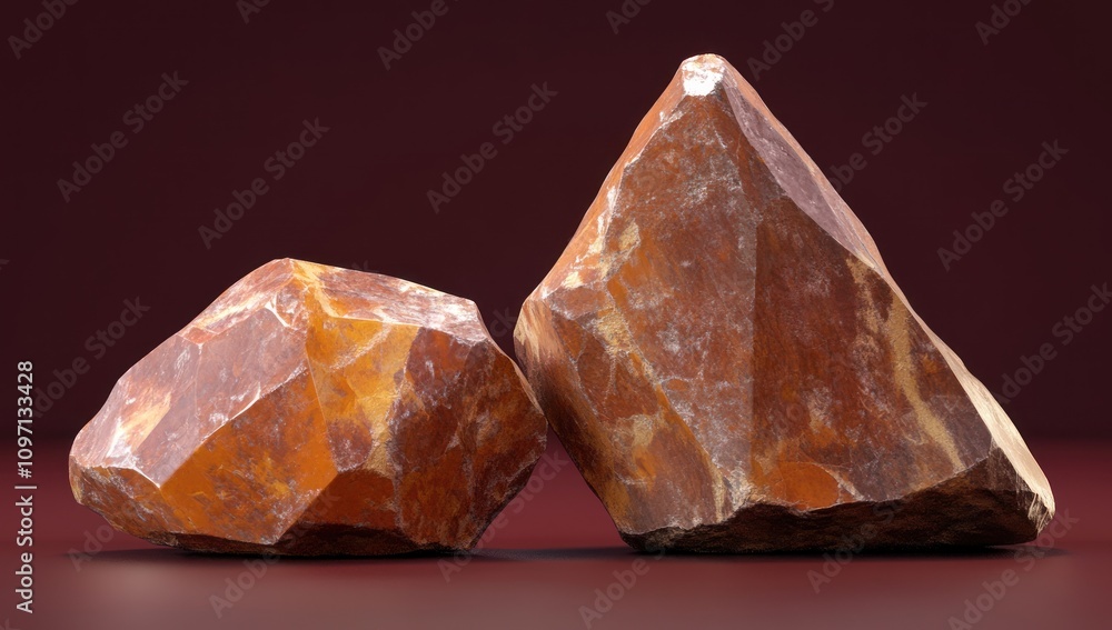 Poster two rough, reddish-brown rocks displayed on a simple background.