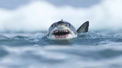 Naklejka premium Great white shark emerging from blue ocean water. Dangerous predator showing teeth above surface. Marine wildlife in natural habitat. Ocean photography for nature documentaries