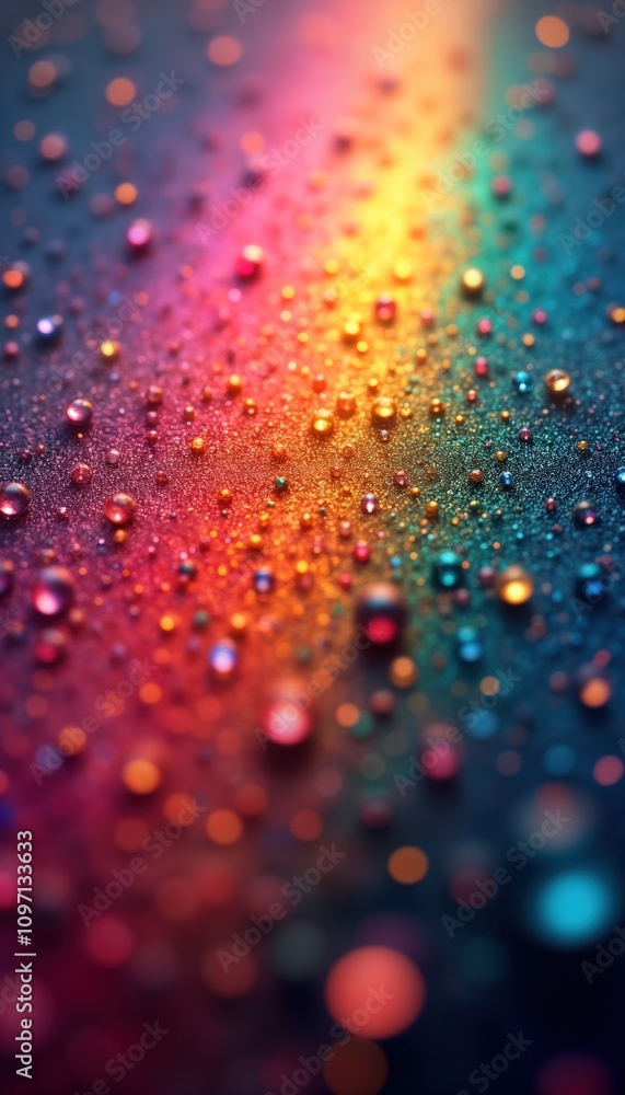 Poster rainbow colored water drops background. abstract colorful particles texture. bright dynamic design. 