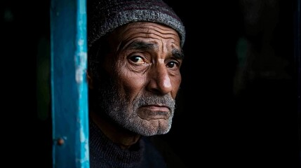 Elderly man in dark environment looking thoughtfully through window light. Senior in winter hat with grey beard in dramatic side lighting. Emotional portrait with deep shadows for social issues