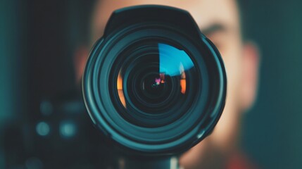 Professional camera lens close up on blurred background. Modern digital photography equipment macro shot. Technology and creativity concept for commercial photo studio banner with copy space
