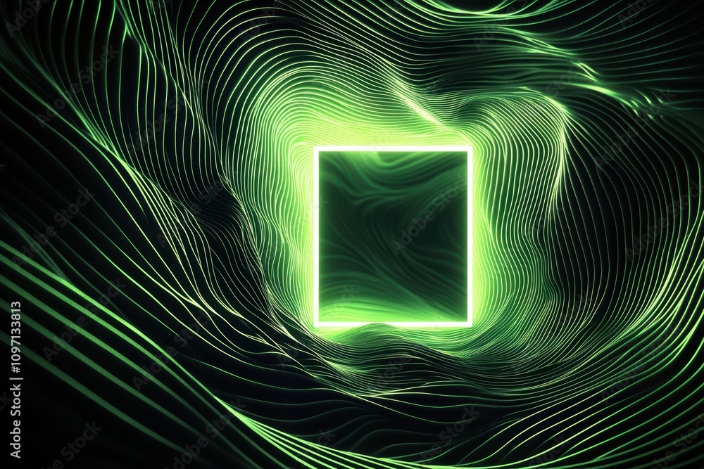Poster abstract green waves with a glowing square in the center.