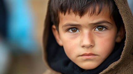 Middle eastern child in dark hood gazes with serious expression on blurred blue background. Emotional portrait of young refugee. Social issues and human rights concept for charity