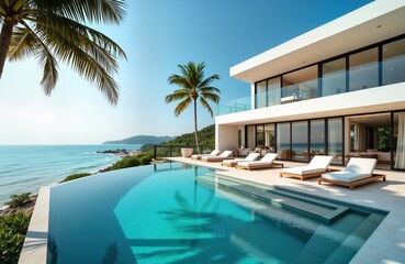 Luxury beachfront villa boasts infinity pool sunbeds. Ocean views palm trees. Modern architecture design. Tropical holiday home vacation resort. Perfect family getaway luxury escape.