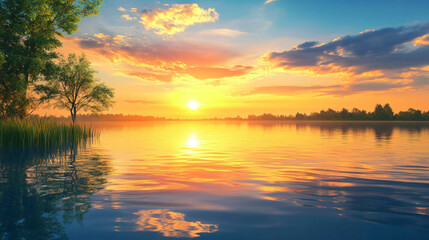 Obraz premium Serene sunrise paints the sky with golden hues, reflecting beautifully on a calm lake surrounded by lush trees and reeds