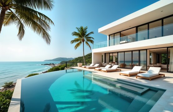 Luxury beachfront villa boasts infinity pool sunbeds. Ocean views palm trees. Modern architecture design. Tropical holiday home vacation resort. Perfect family getaway luxury escape.