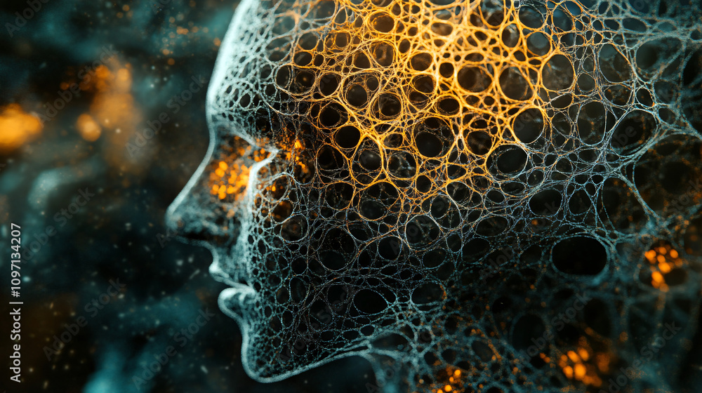 Poster complex web of nodes and connections creating a human face, representing artificial intelligence, ma