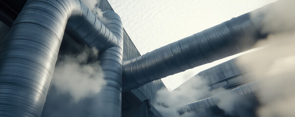 Naklejka premium Industrial Pipes, Steam, Facility with network of large metal ducts. Complex system of pipes in industrial setting