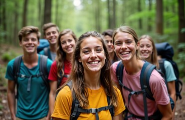 Happy diverse group hikes mountain trail. Young adults smile backpacks. Friends enjoy nature adventure. Caucasian Black African people team. Summer outdoor activity.
