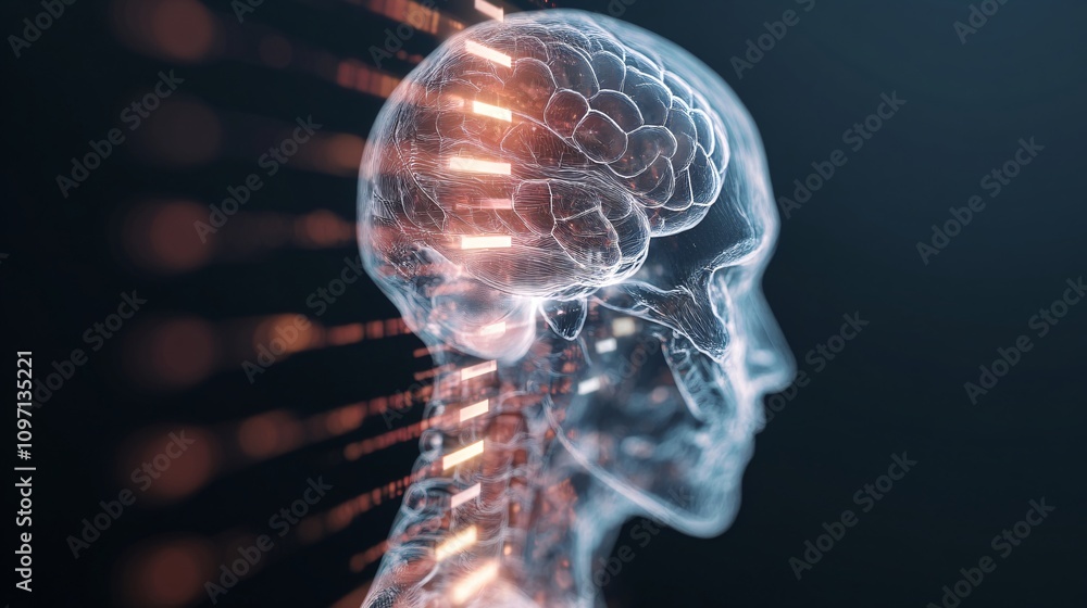 Poster digital brain visualization with glowing neural connections on dark background. artificial intellige
