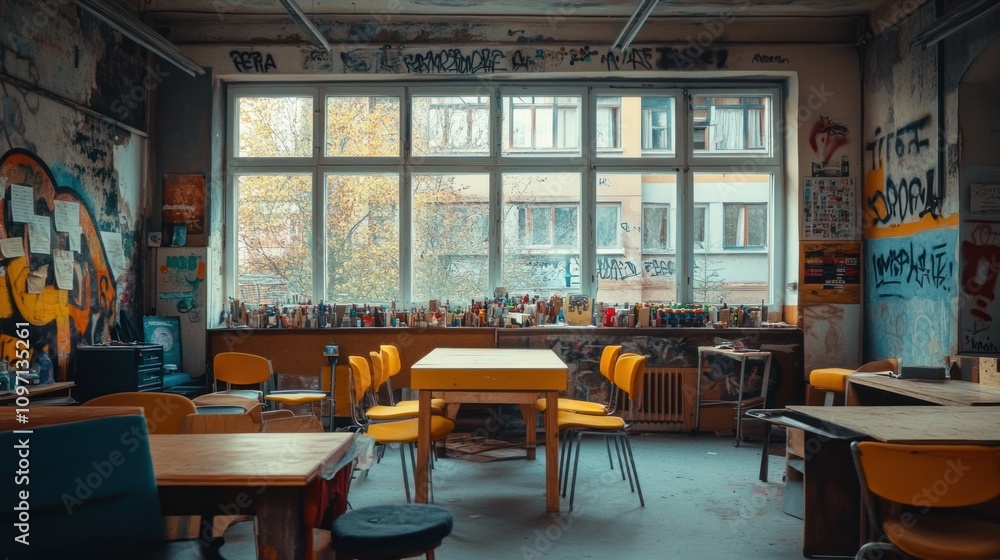 Poster a creative workspace with colorful chairs and art-filled windows inviting collaboration.