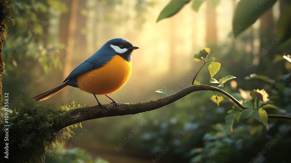 Poster small colorful bird perched on a mossy branch in a forest illuminated by the warm light of dawn