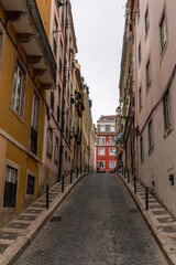 Residential buildings, Travessa De Joao De Deus Street in Santa Maria Maior Neighborhood of Lisbon, Historic Center, Portugal, Europe. November 1, 2024.