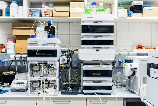 Prague, Czechia - November 8 2024: Advanced Analytical Instrumentation in a Laboratory Featuring HPLC and Mass Spectrometry Systems