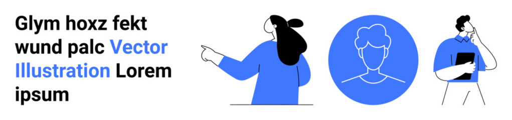 Three characters - woman pointing with arm extended, avatar in circle, man holding tablet. Ideal for teamwork, corporate training, group projects, communication, business presentations, social media