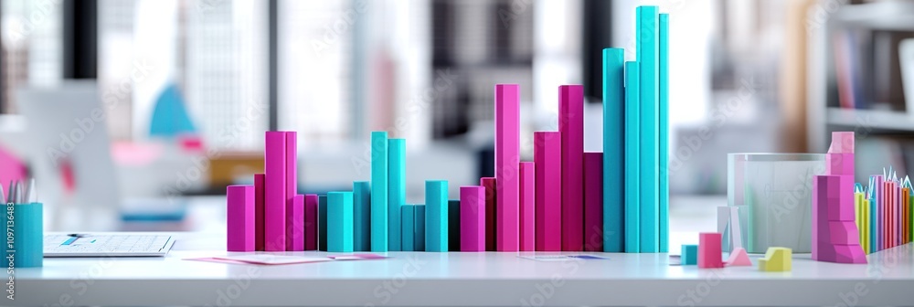Poster A colorful bar graph representing data analysis in a modern workspace.