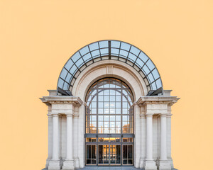 Exterior of modern building with arched glass entrance