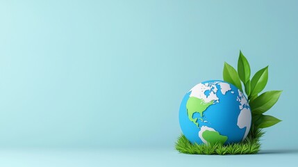 A 3D illustration depicting a sustainable world concept with Planet Earth labeled as zero emissions.