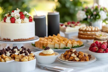 Delicious dessert spread featuring cake and a variety of fresh toppings and accompaniments