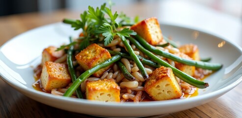 Tofu and green beans dish on white plate