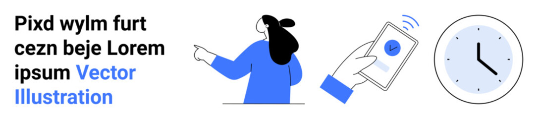 Person pointing to text block, hand holding smartphone with check mark, analog wall clock. Ideal for time management, digital communication, business presentations, scheduling, office apps