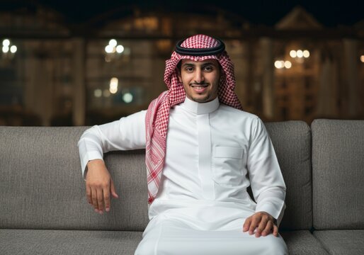 A Saudi man in a white thobe and ghutra, enjoying a relaxed evening in a high-end caf&eacute;, smiling with contentment.